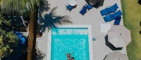 Outdoor pool, pool umbrellas