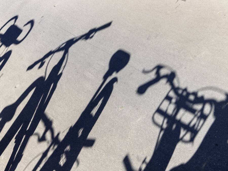 A close-up of bicycle shadows on a pavement.