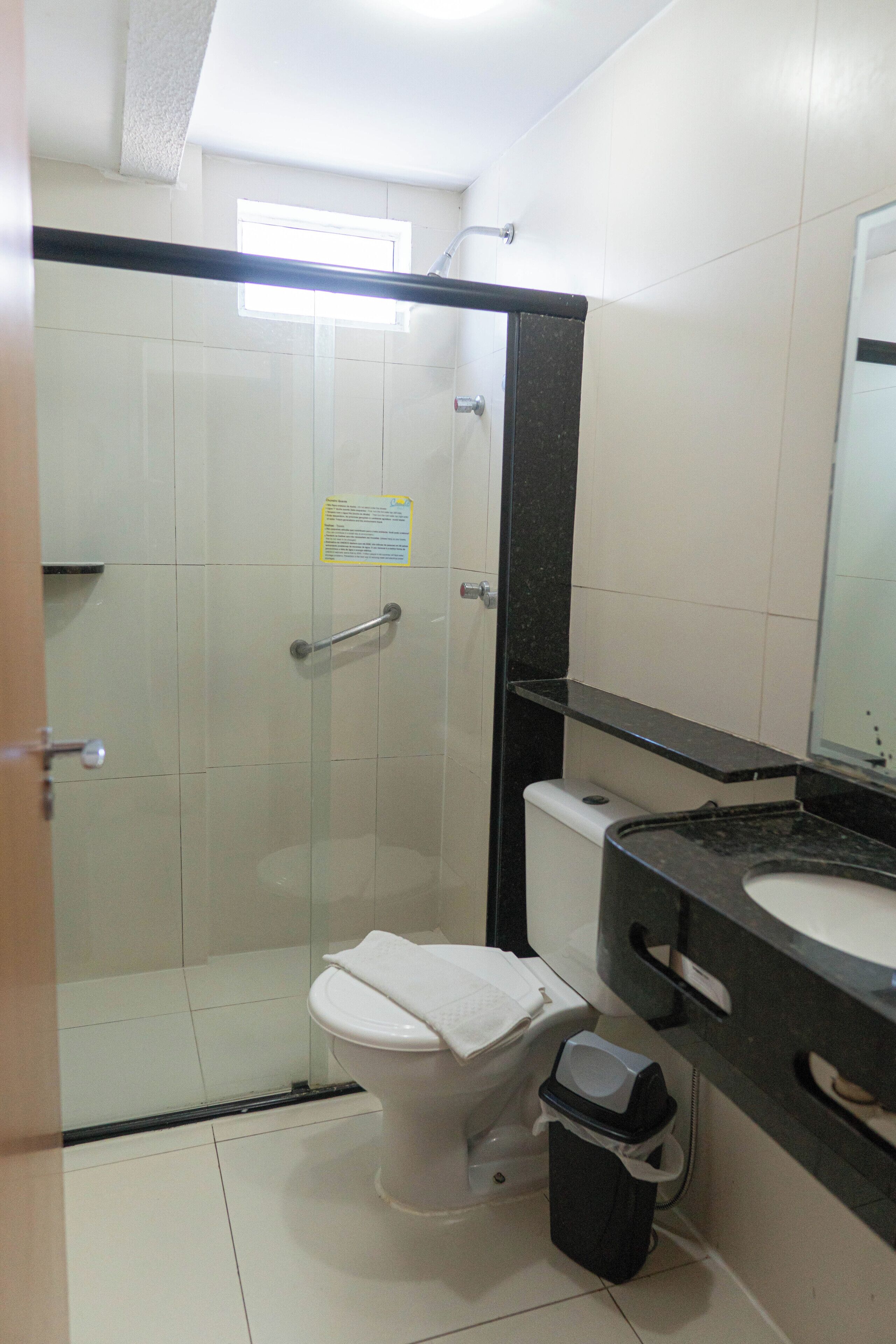 A bathroom with a glass-enclosed shower, a white toilet, and a black countertop with a sink.
