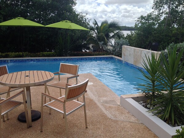 Outdoor pool, pool umbrellas, pool loungers