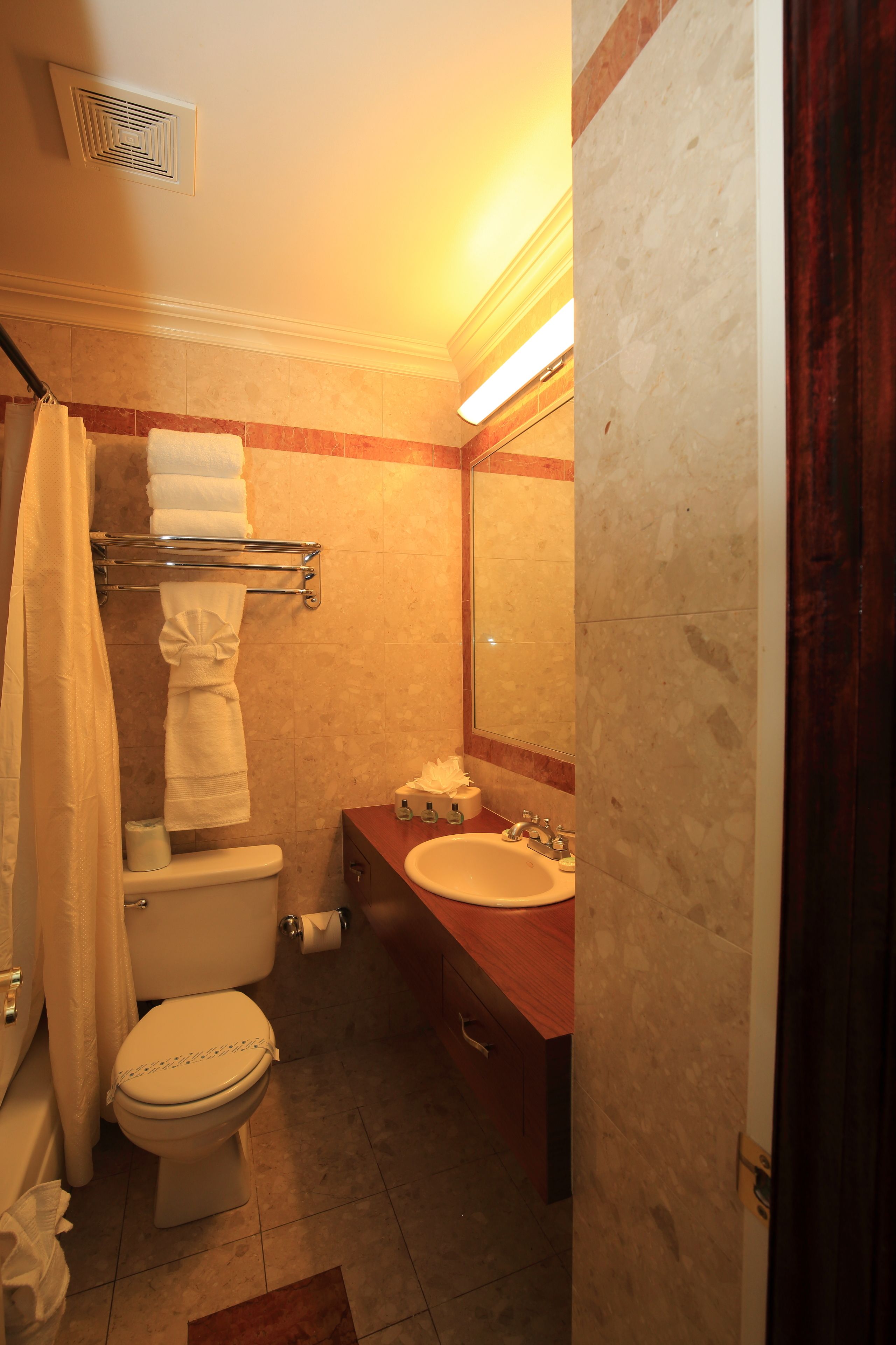 Un baño con inodoro, lavabo y espejo.