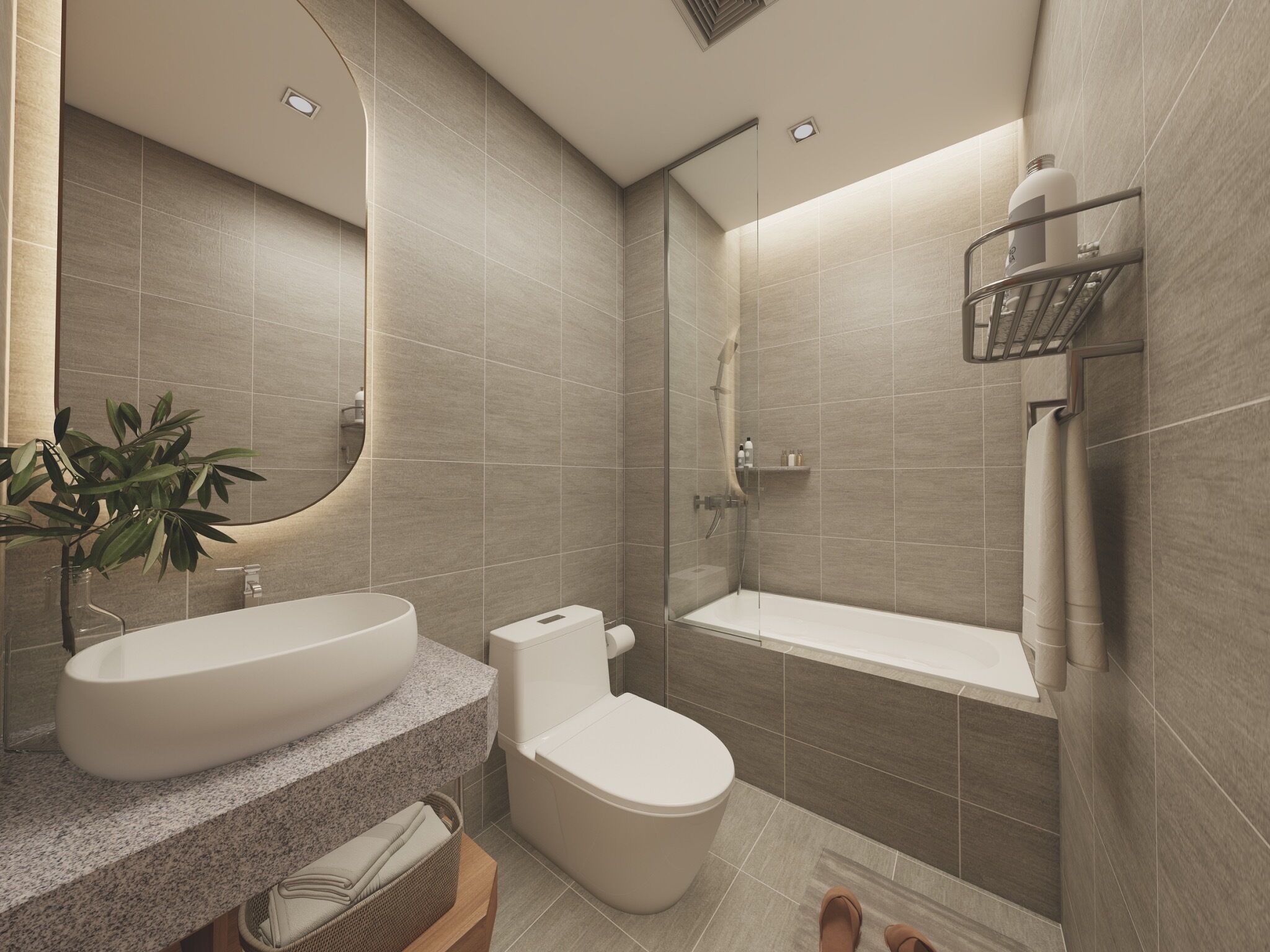 Une salle de bain moderne avec un grand lavabo, des toilettes et une baignoire.