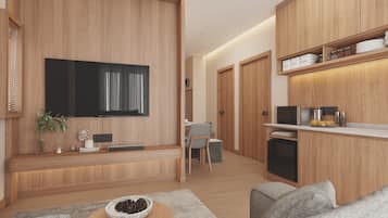 A modern kitchen with wooden cabinets, a built-in microwave, and a coffee station.