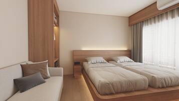 A modern hotel room with a wooden headboard, a sofa, two beds, and a large window with sheer curtains.