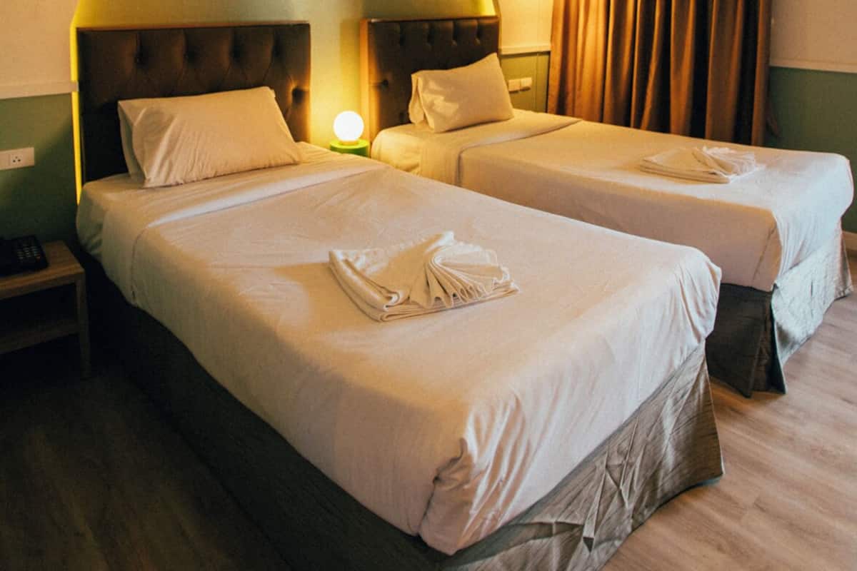 Laptop workspace, blackout curtains, free WiFi, bed sheets