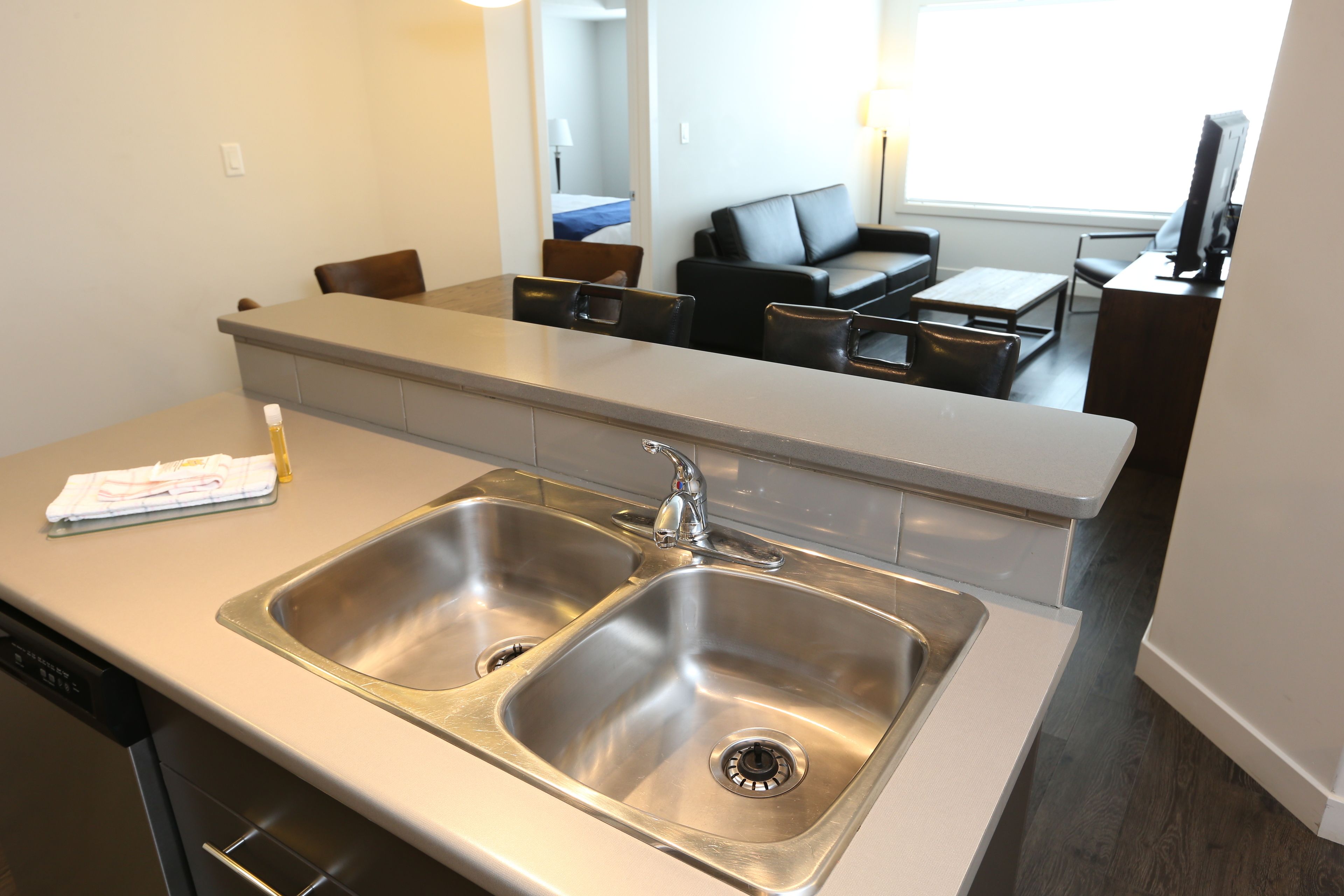 full-sized fridge, microwave, coffee/tea maker