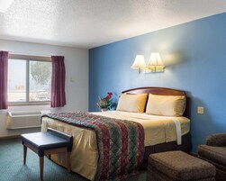 Una habitación de hotel con cama, sillón, escritorio y ventana con cortinas.