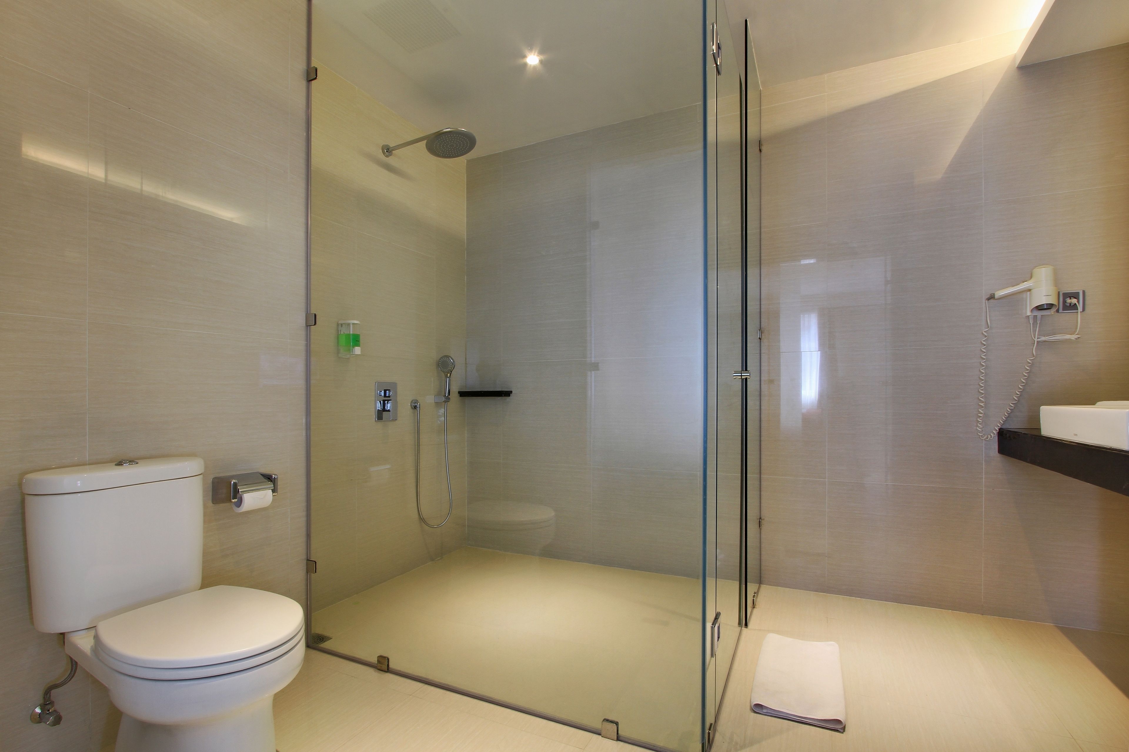 A modern bathroom with a glass-enclosed shower, a toilet, and a towel rack.