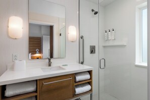 Eco-friendly toiletries, hair dryer, towels, soap