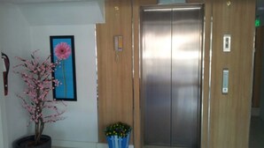 An elevator with a metallic finish, a potted plant with pink flowers, and a framed picture on the wall. - Nantra Huahin (Hua Hin)