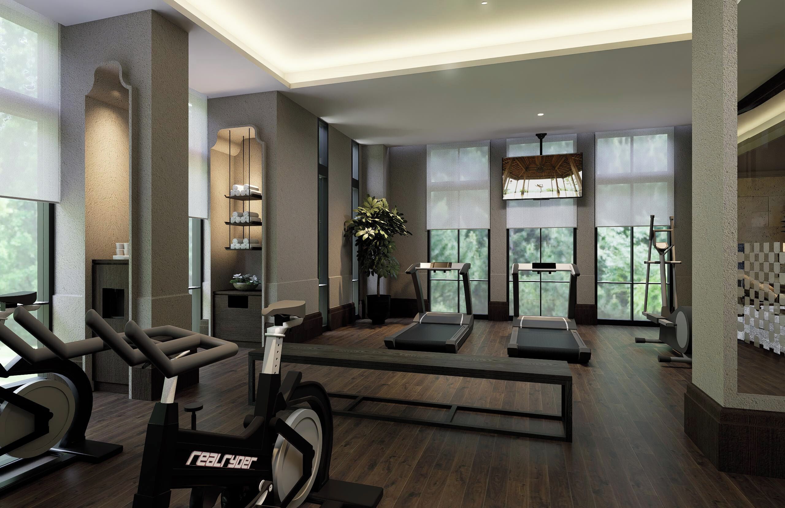 Un gimnasio moderno con equipo de ejercicio, ventanas amplias y una planta en maceta.