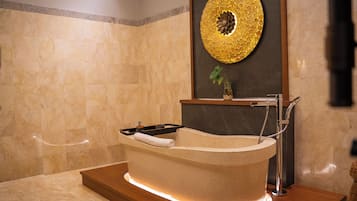 Borobudur View Pool Villa | Bathroom | Rainfall showerhead, eco-friendly toiletries, hair dryer, bathrobes
