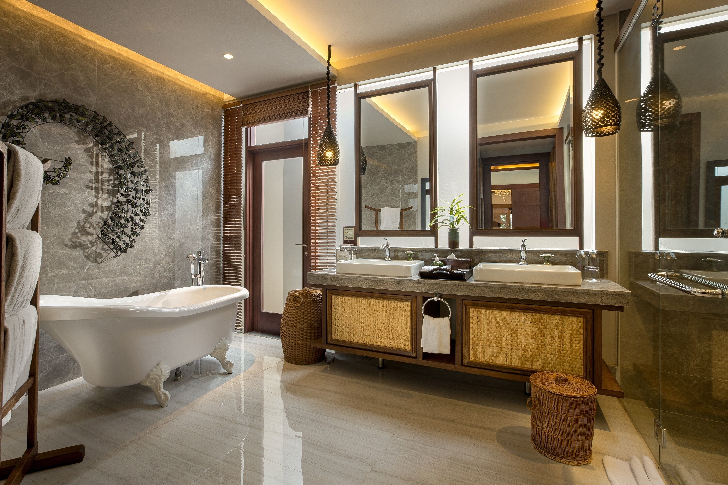 founder's home | bathroom | rainfall showerhead, eco-friendly toiletries, hair dryer, bathrobes