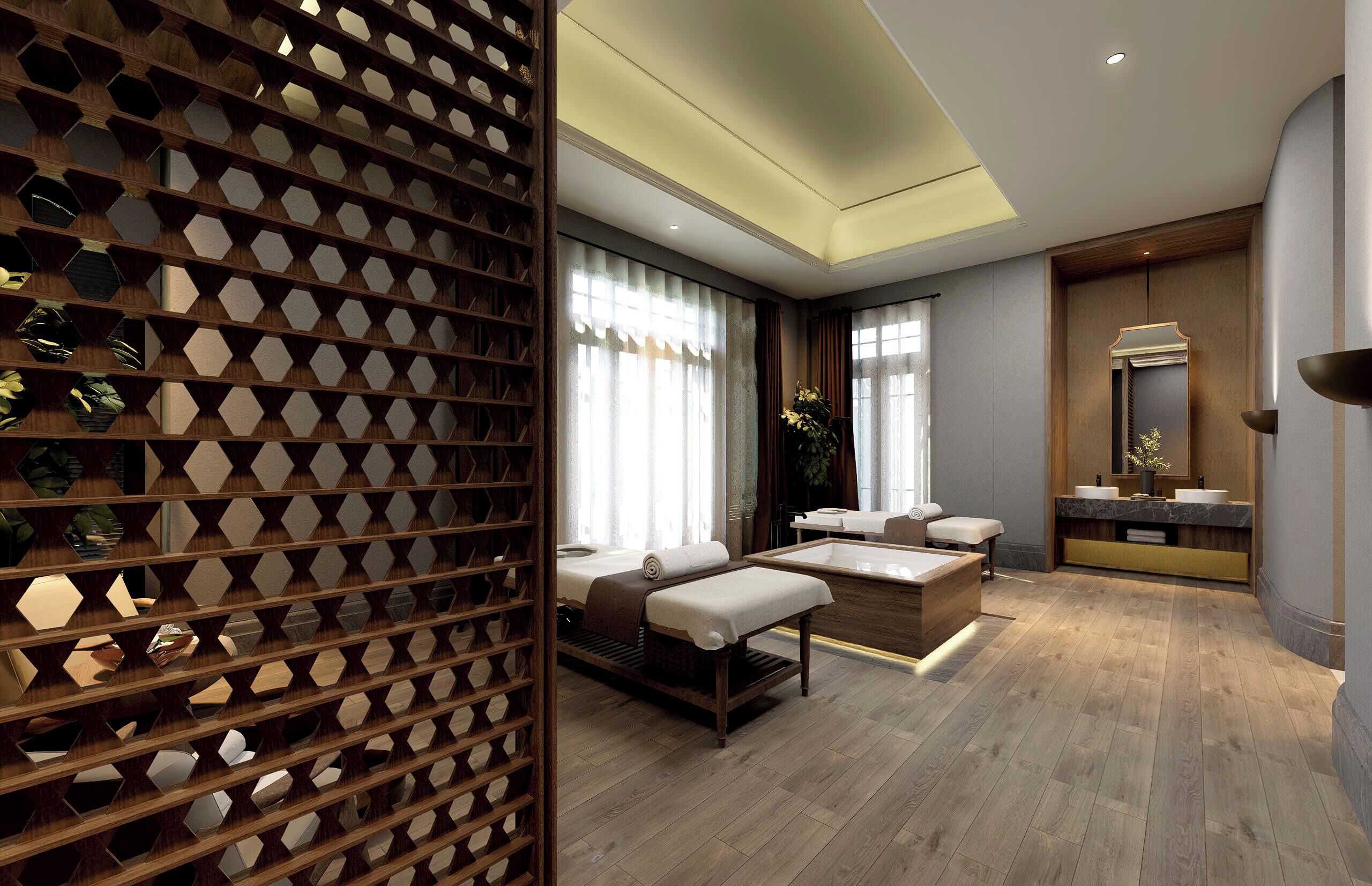 Een moderne spa-ruimte met een houten lattenwand, een massagetafel, een zithoek met kussens en een kaptafel met spiegel.