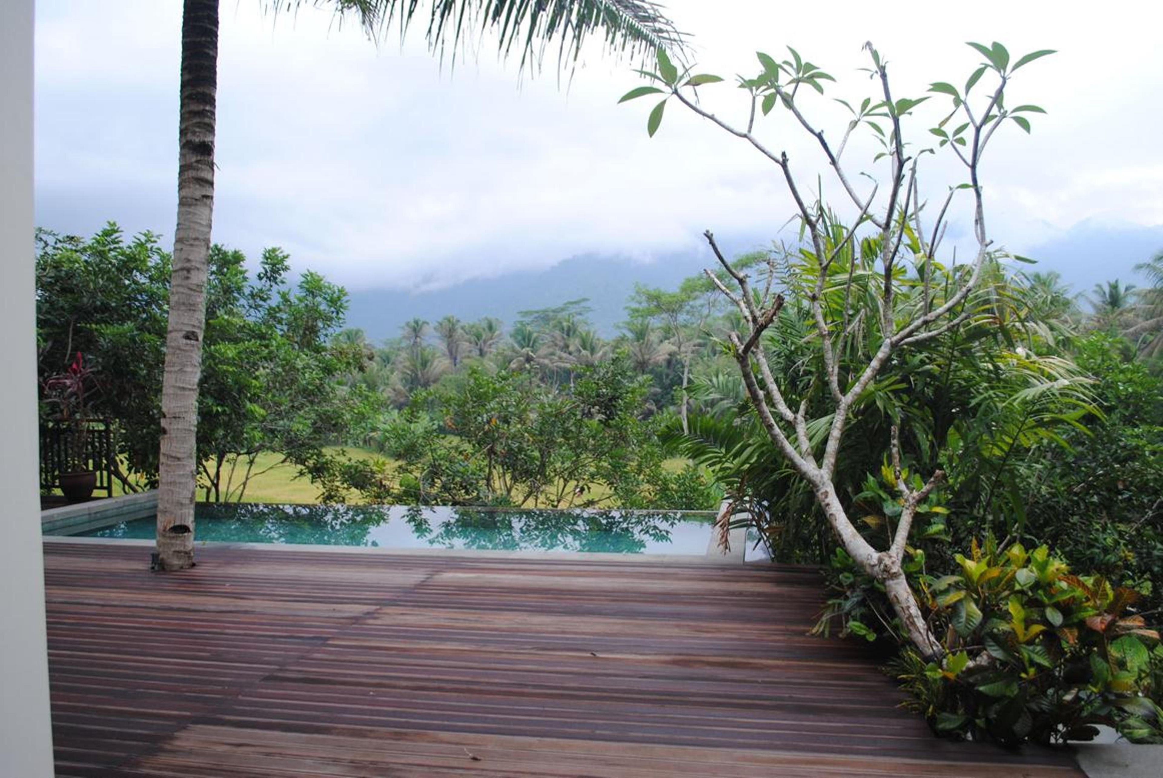 A wooden deck with a view of a pool and lush greenery.