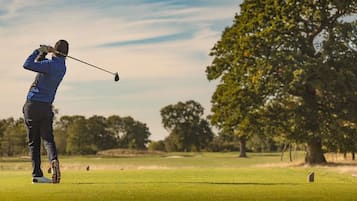 A person playing golf on a course with trees and open spaces.