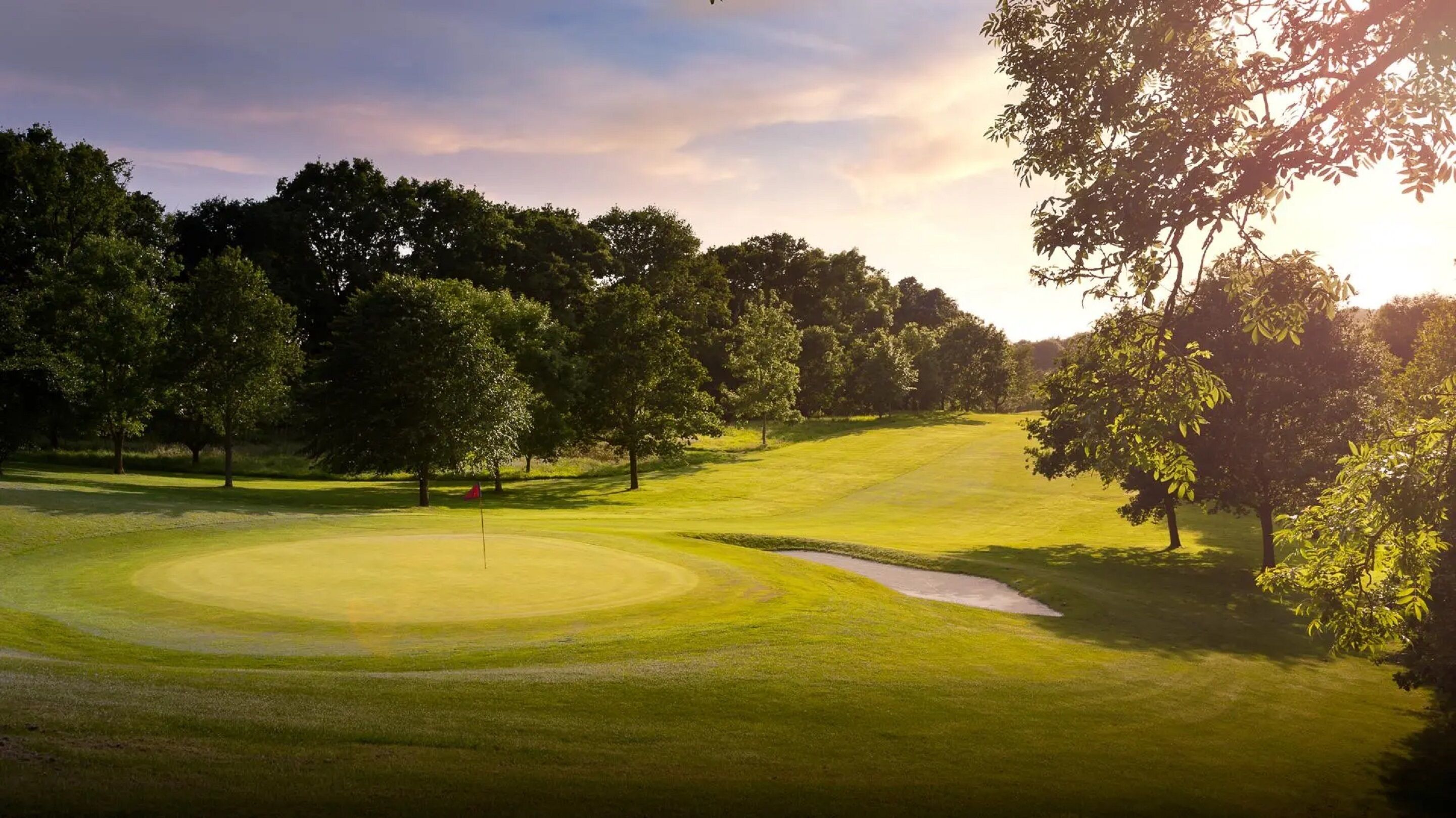 Un campo de golf con un green bien cuidado, búnkeres de arena y árboles al fondo.