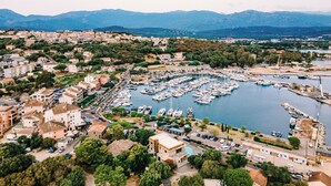 An aerial view of a coastal town with a marina filled with boats, surrounded by residential buildings and greenery.