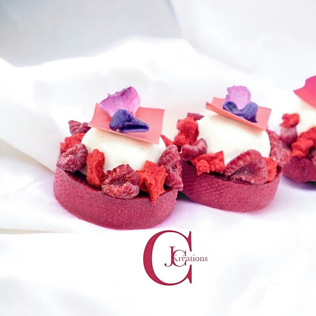 Two desserts on a white surface with a logo in the bottom right corner.