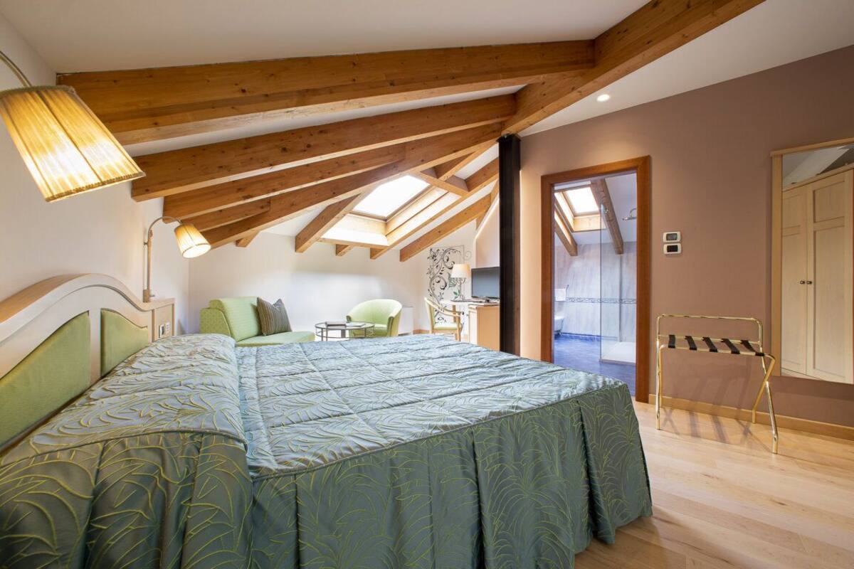 A bedroom with a large bed, a desk, a chair, and a skylight.