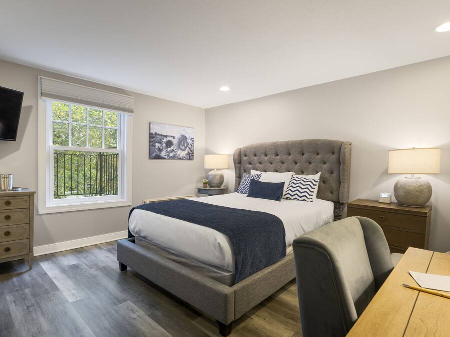 A modern bedroom with a large bed, a TV, a desk, and a window with a view of trees.