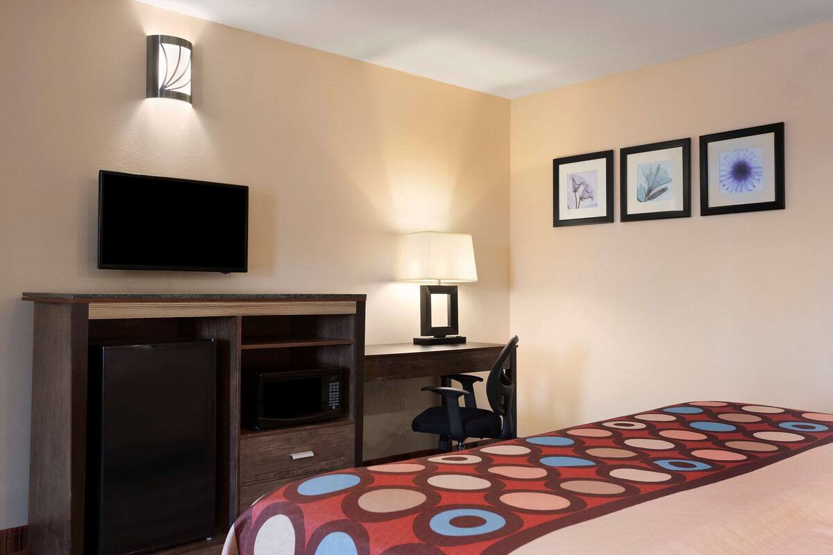 A hotel room with a bed, a desk with a flat-screen TV, a microwave, a refrigerator, a chair, a lamp, and three framed pictures on the wall.