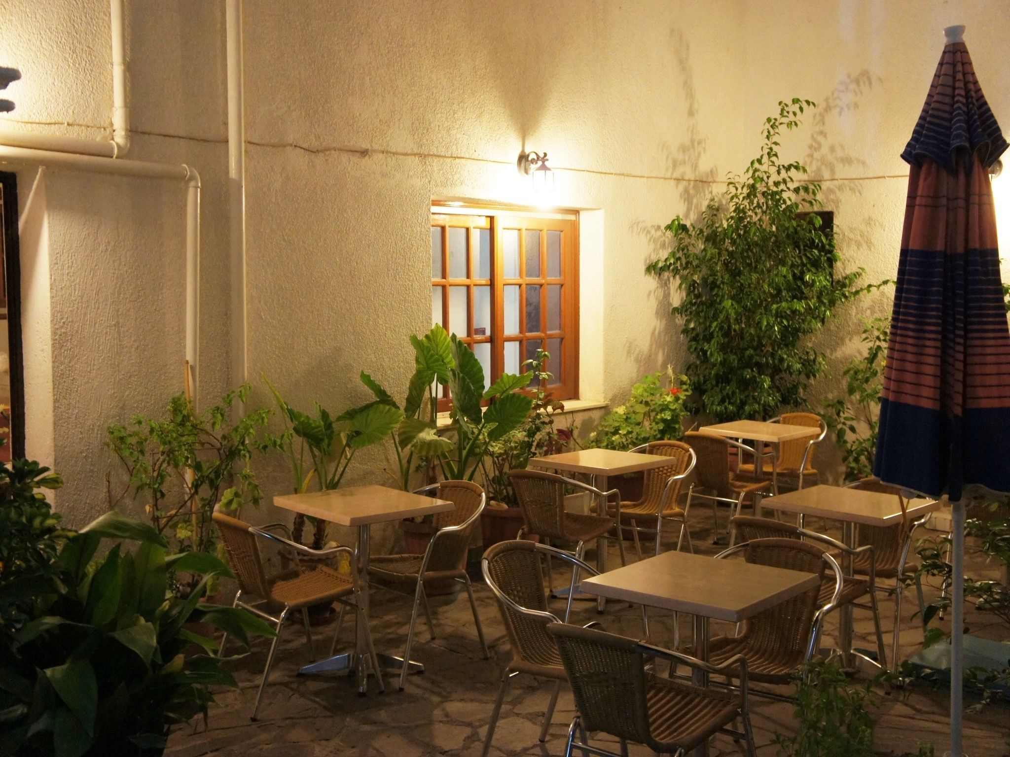 An outdoor cafe area with multiple wooden tables and wicker chairs, surrounded by potted plants and a large umbrella.