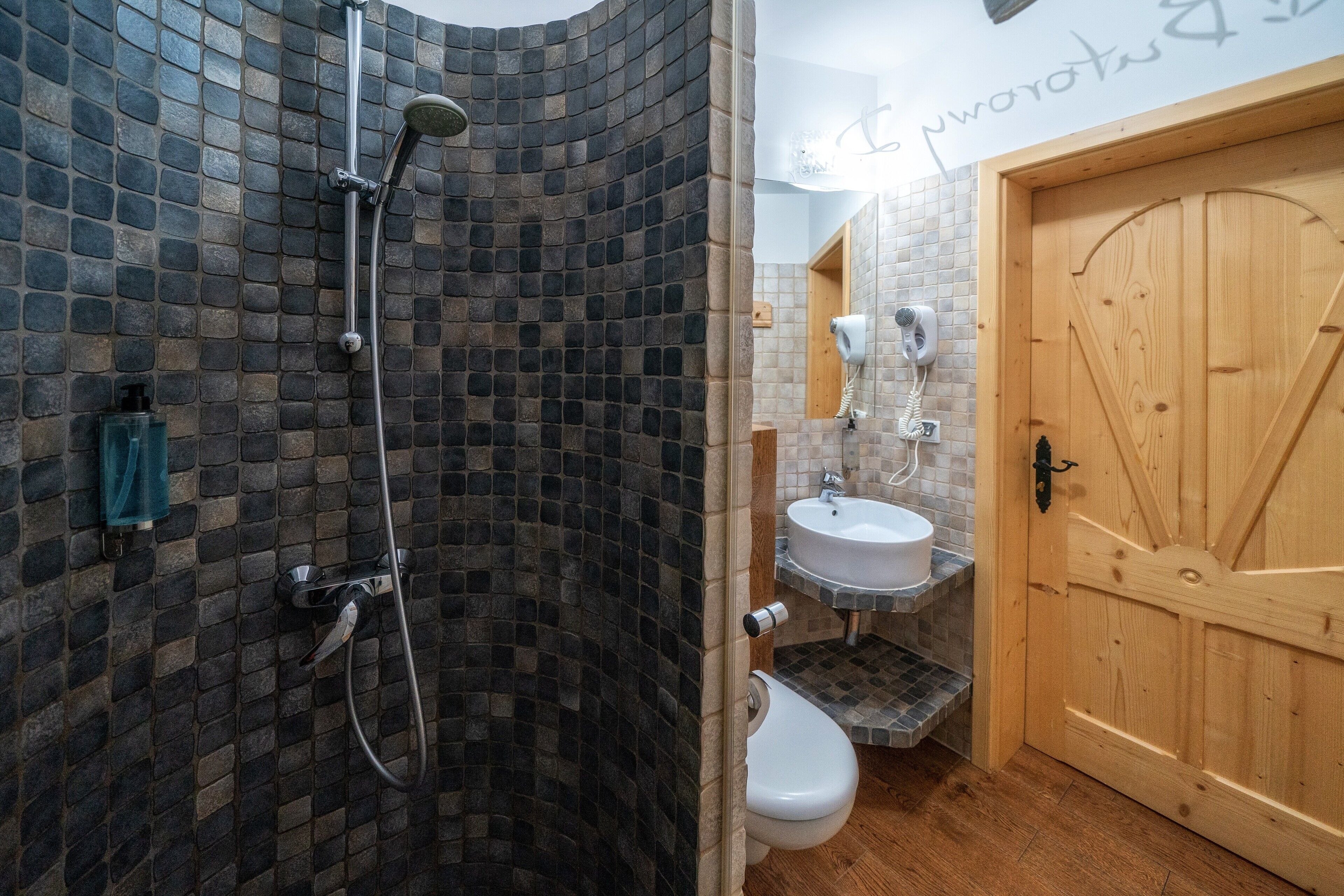Un bagno con doccia, WC e lavandino, caratterizzato da una parete in pietra e una porta in legno.