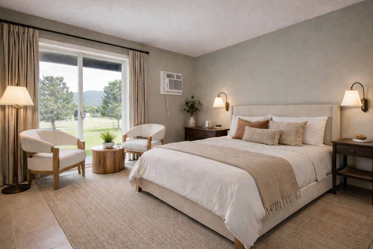 A bedroom with a large bed, two bedside tables, a chair, a round wooden table, and a view of a green landscape through a window.