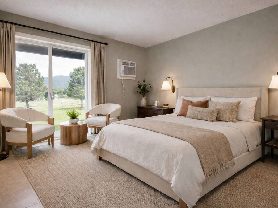 A bedroom with a large bed, two bedside tables, a chair, a round wooden table, and a view of a green landscape through a window.