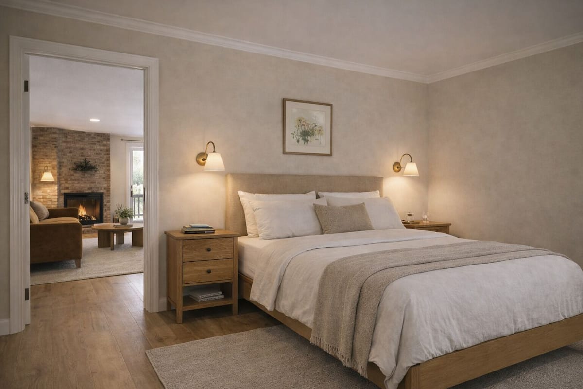 A bedroom with a bed, bedside tables, a fireplace, and a view into another room.