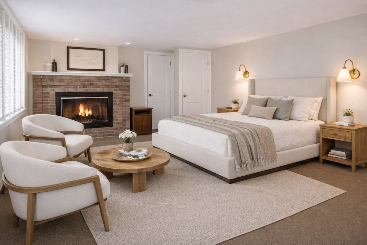 A bedroom with a fireplace, a bed, two nightstands, a round coffee table, and two armchairs.