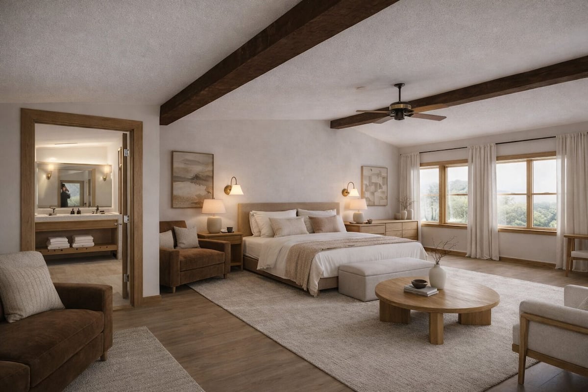 A spacious bedroom with a large bed, bedside tables, a sofa, a coffee table, and a view of the outdoors through large windows.