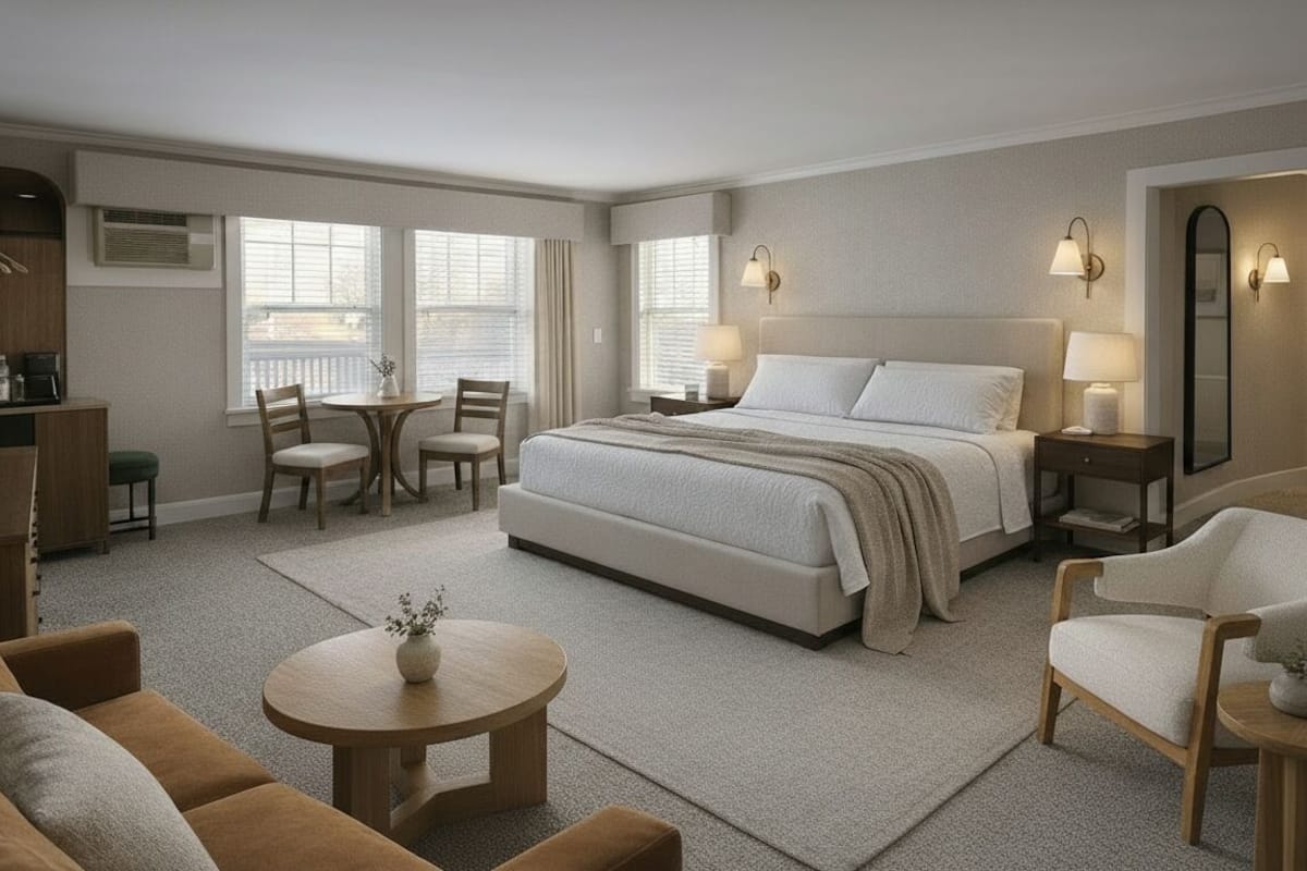 A hotel room with a large bed, two bedside tables with lamps, a desk with a chair, a sofa, and a small table with a vase.