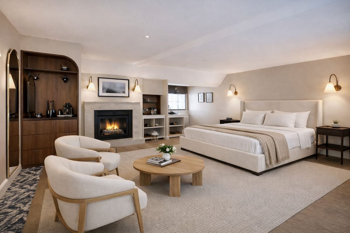 A modern bedroom with a large bed, a fireplace, a seating area with chairs, and a small table.