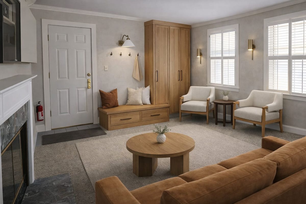 A living room with a fireplace, a sofa, a coffee table, a cabinet, and two chairs.