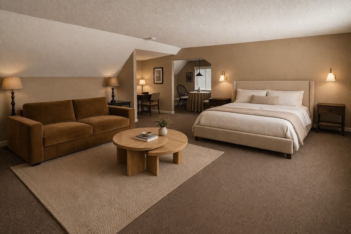 A hotel room with a sofa, a round coffee table, a bed, and a small table with a lamp.