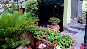 A covered outdoor area with potted plants and a building entrance. - Hotel Clinton (Casoria)