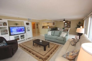 Flat-screen TV, iPod dock
