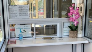 A reception desk with a signboard, a telephone, and a potted orchid. - Western Motel (Jesup)
