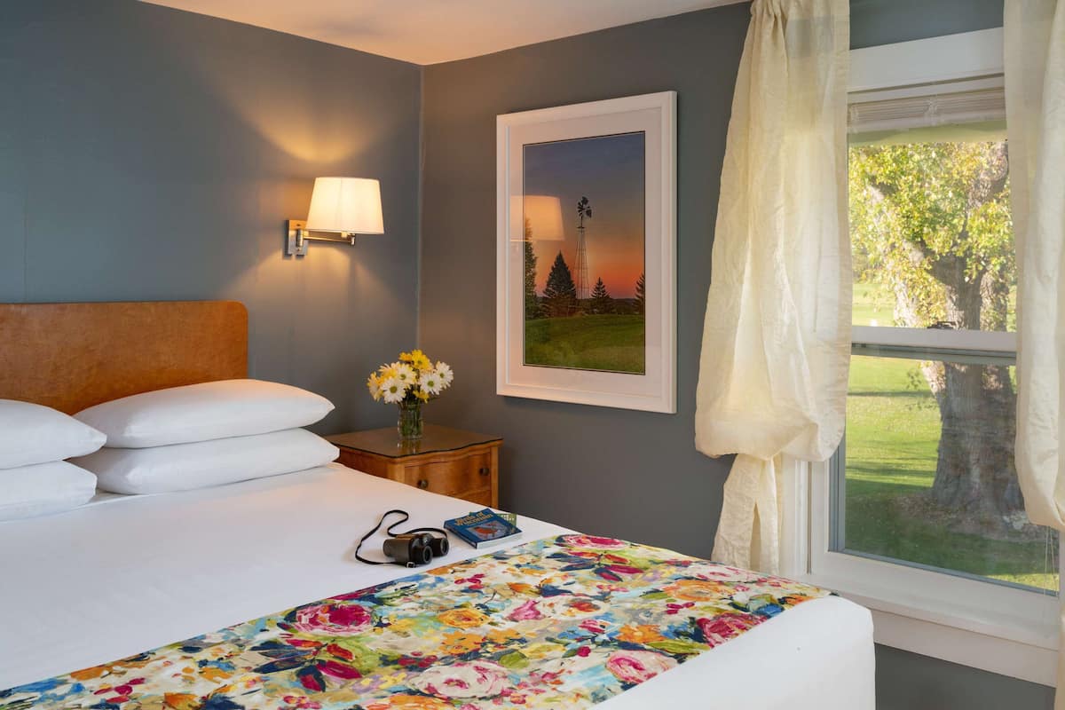 A hotel room with a bed, a nightstand with a lamp, a framed picture, and a window with curtains.