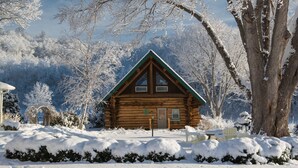 A log cabin with a green roof, surrounded by snow-covered trees and a clear blue sky. - Justin Trails Resort, LLC. (Sparta)