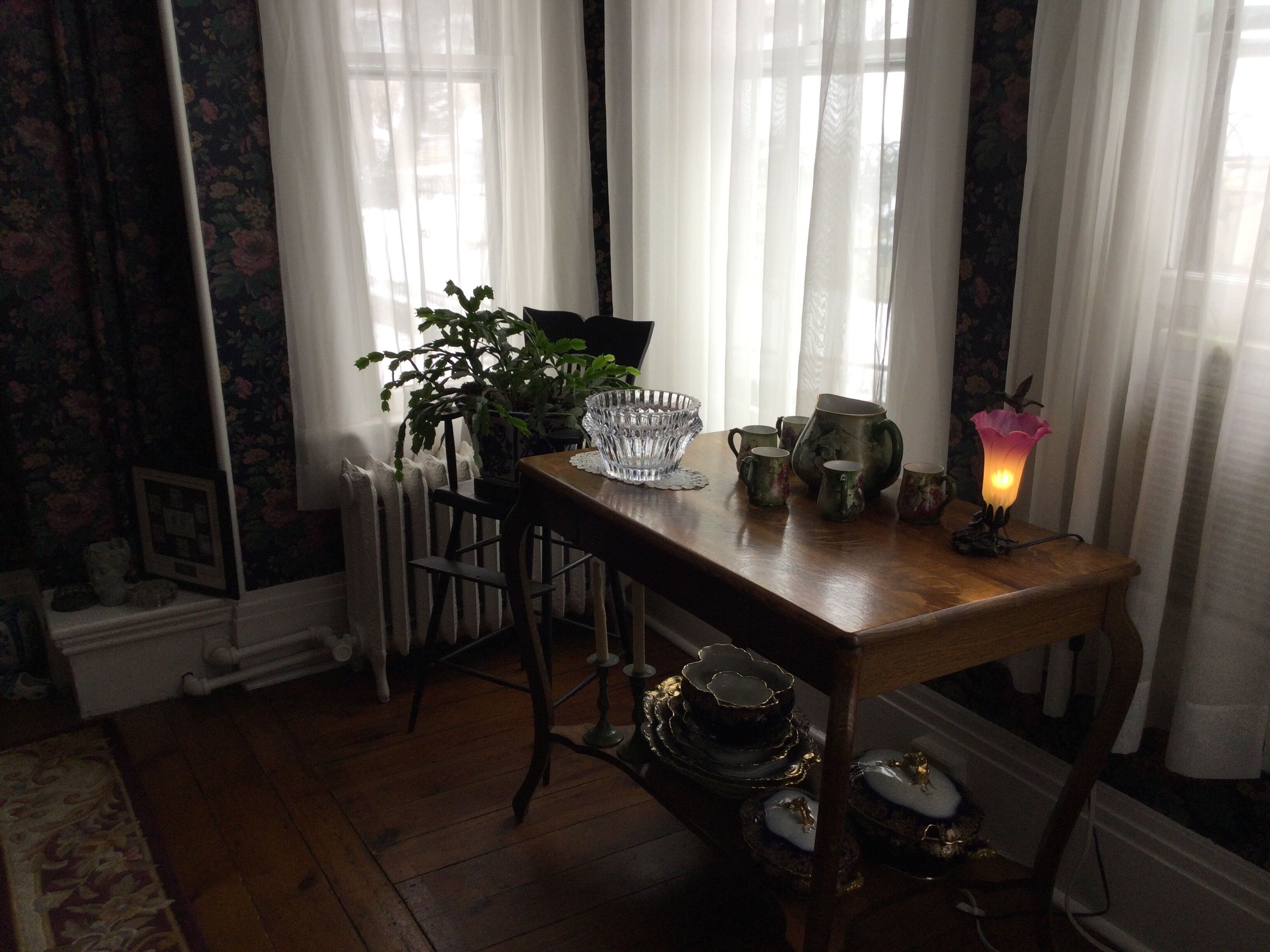 Un comedor con una mesa de madera, sillas, una planta en maceta, un cuenco de vidrio y una vela.