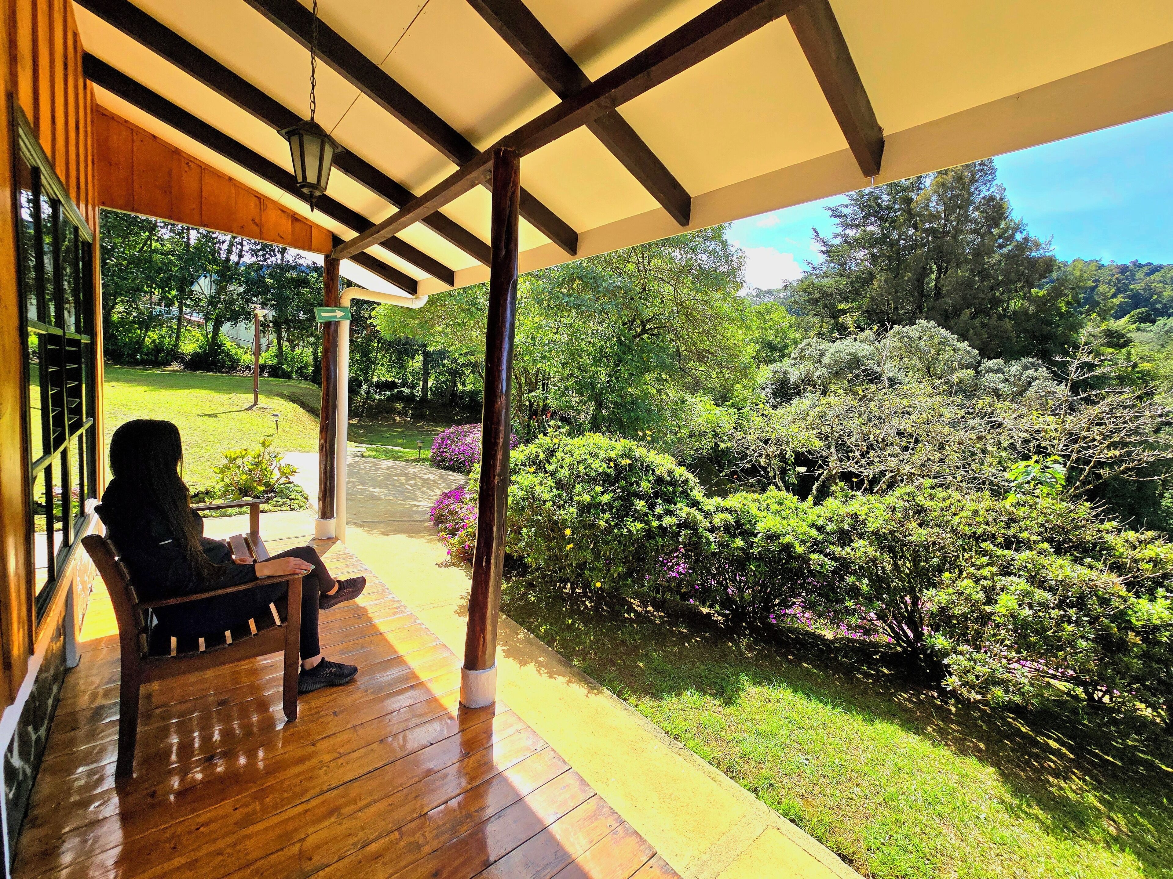 Una terraza de madera con techo, una silla y vistas a un jardín exuberante con diversas plantas y árboles.