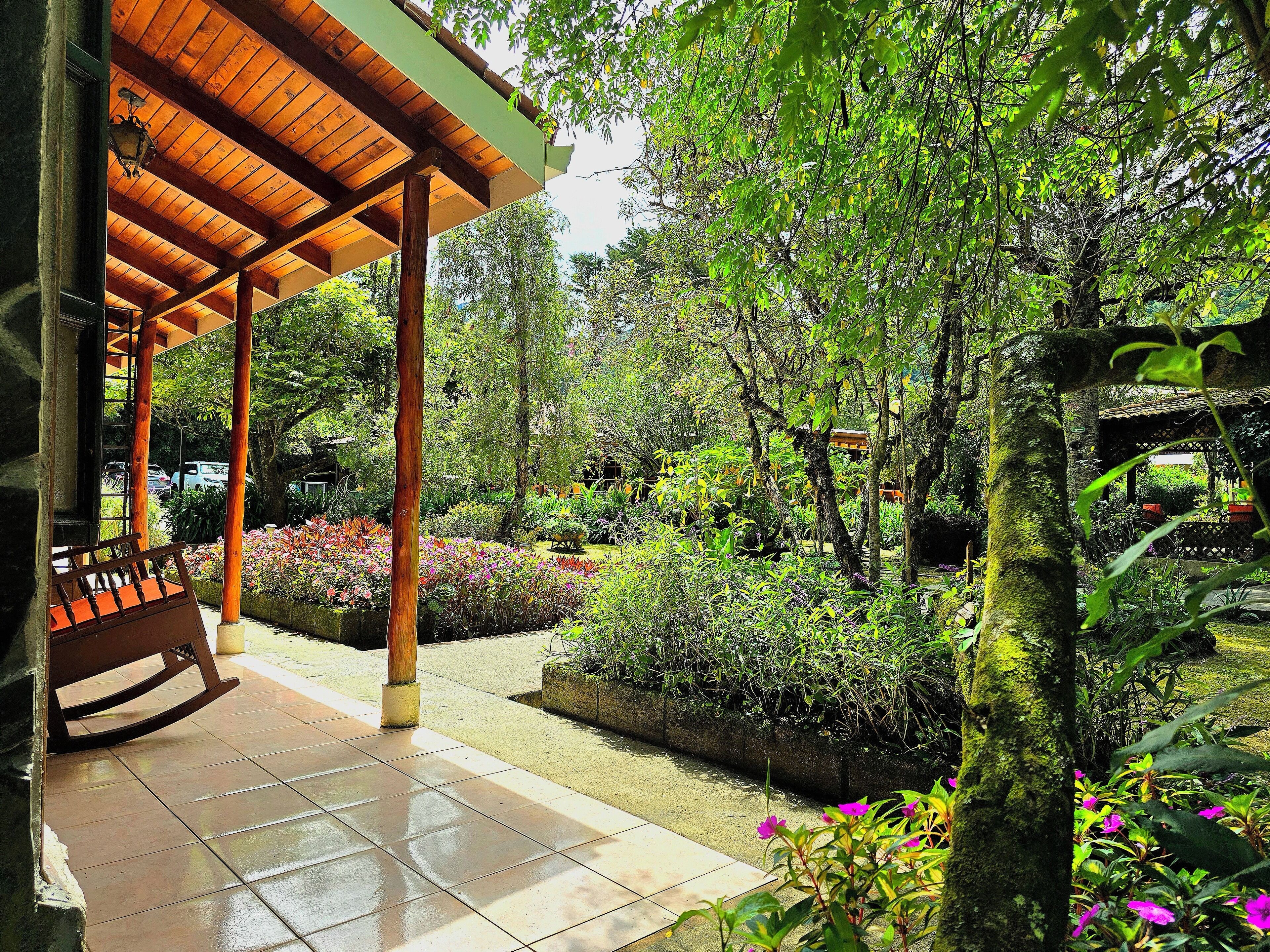 A covered outdoor area with a wooden bench and a tiled floor, surrounded by lush greenery and various plants.