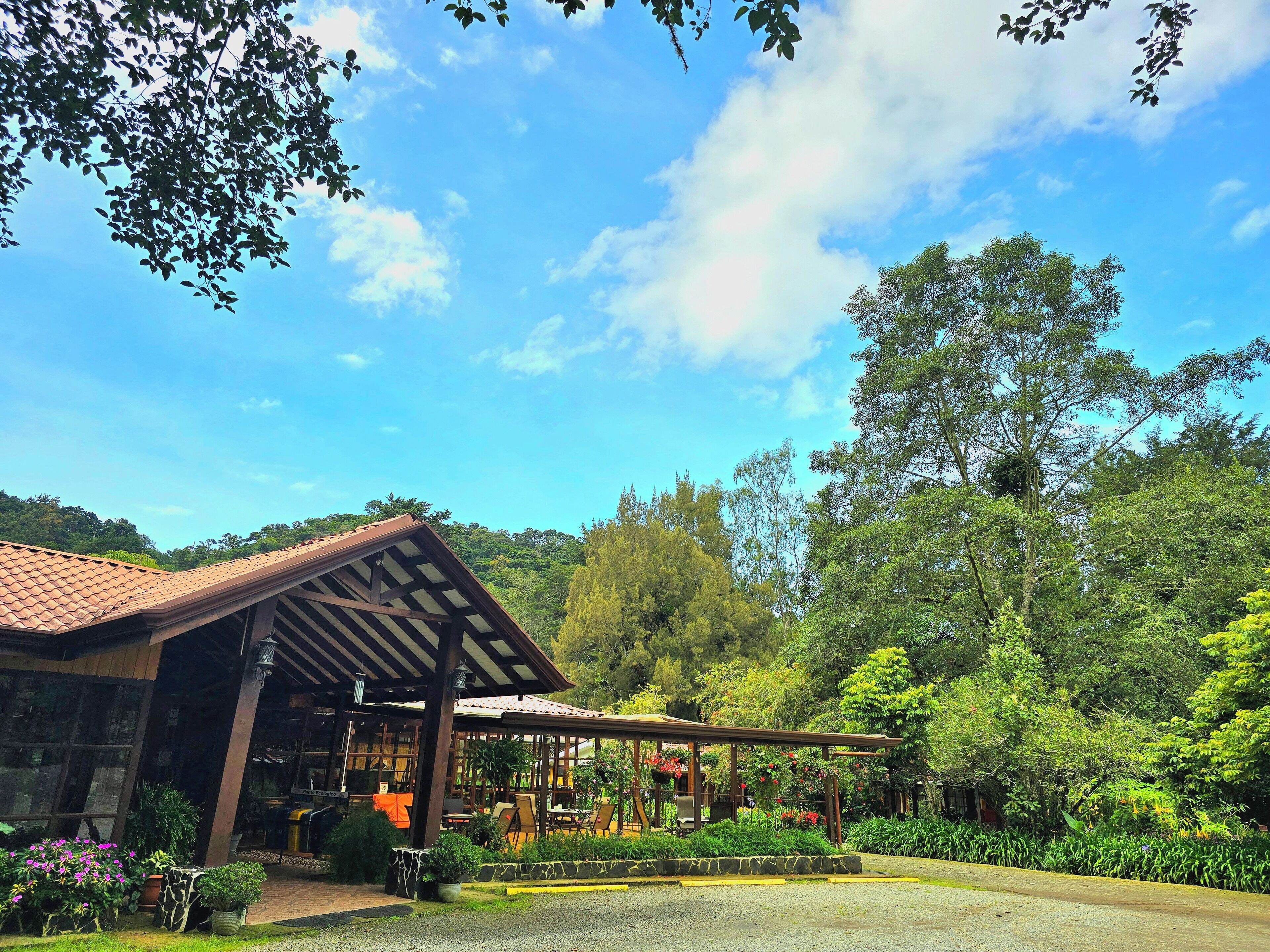 A covered outdoor seating area with tables and chairs, surrounded by lush greenery and trees.