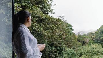 A person standing by a window with a view of dense greenery.