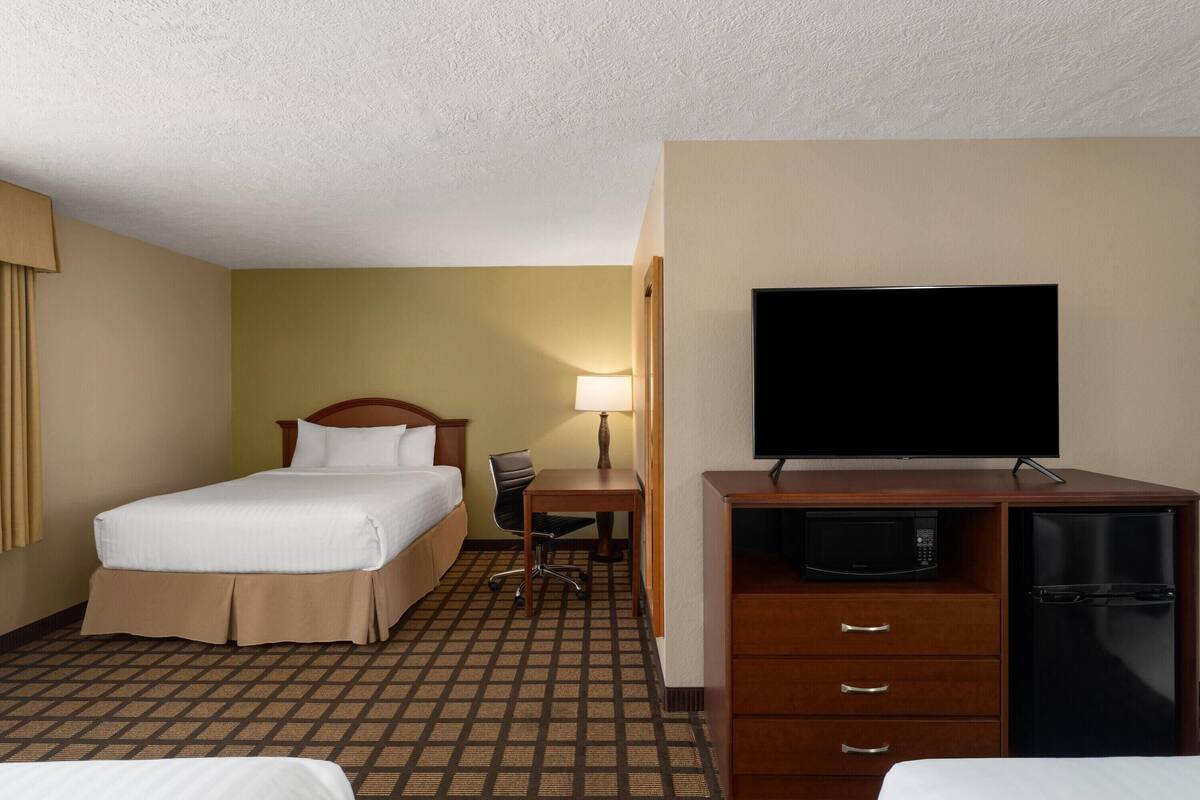 A hotel room with a bed, desk, chair, television, microwave, and refrigerator.