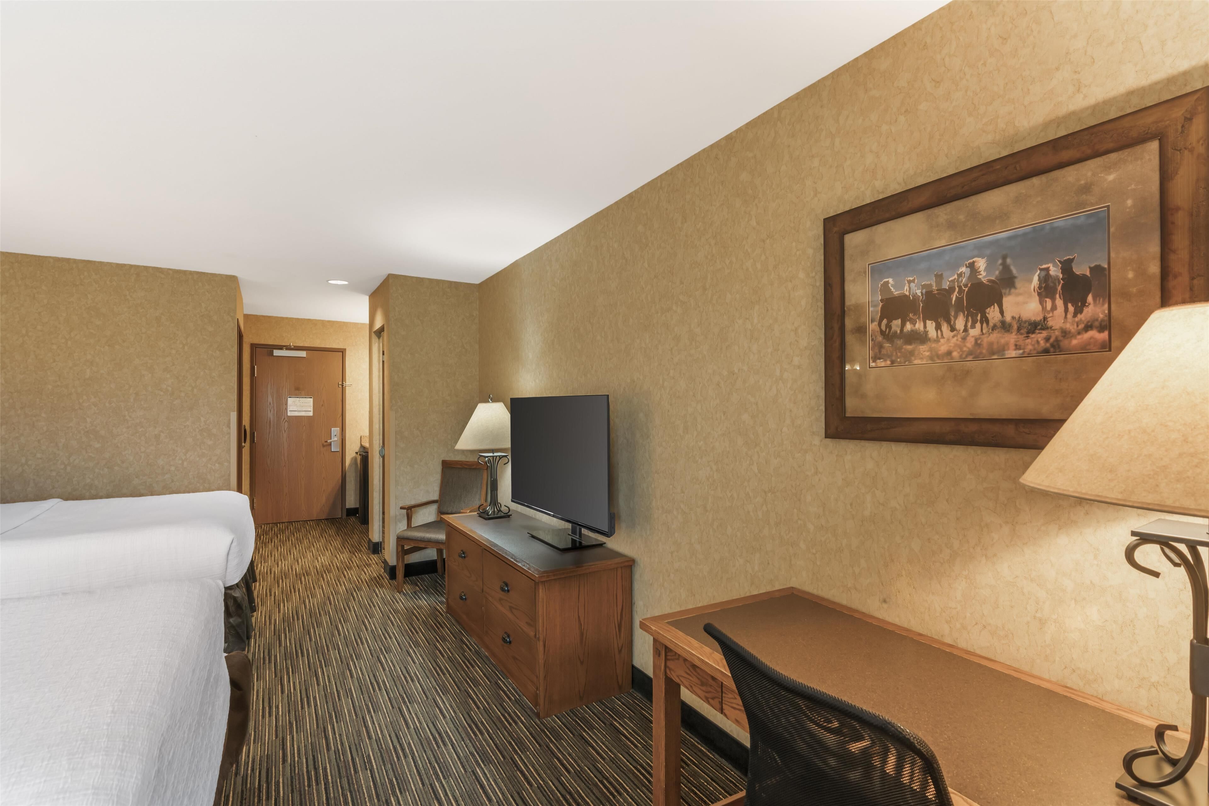 Una habitación de hotel con cama, escritorio, televisión, lámpara y un cuadro en la pared.