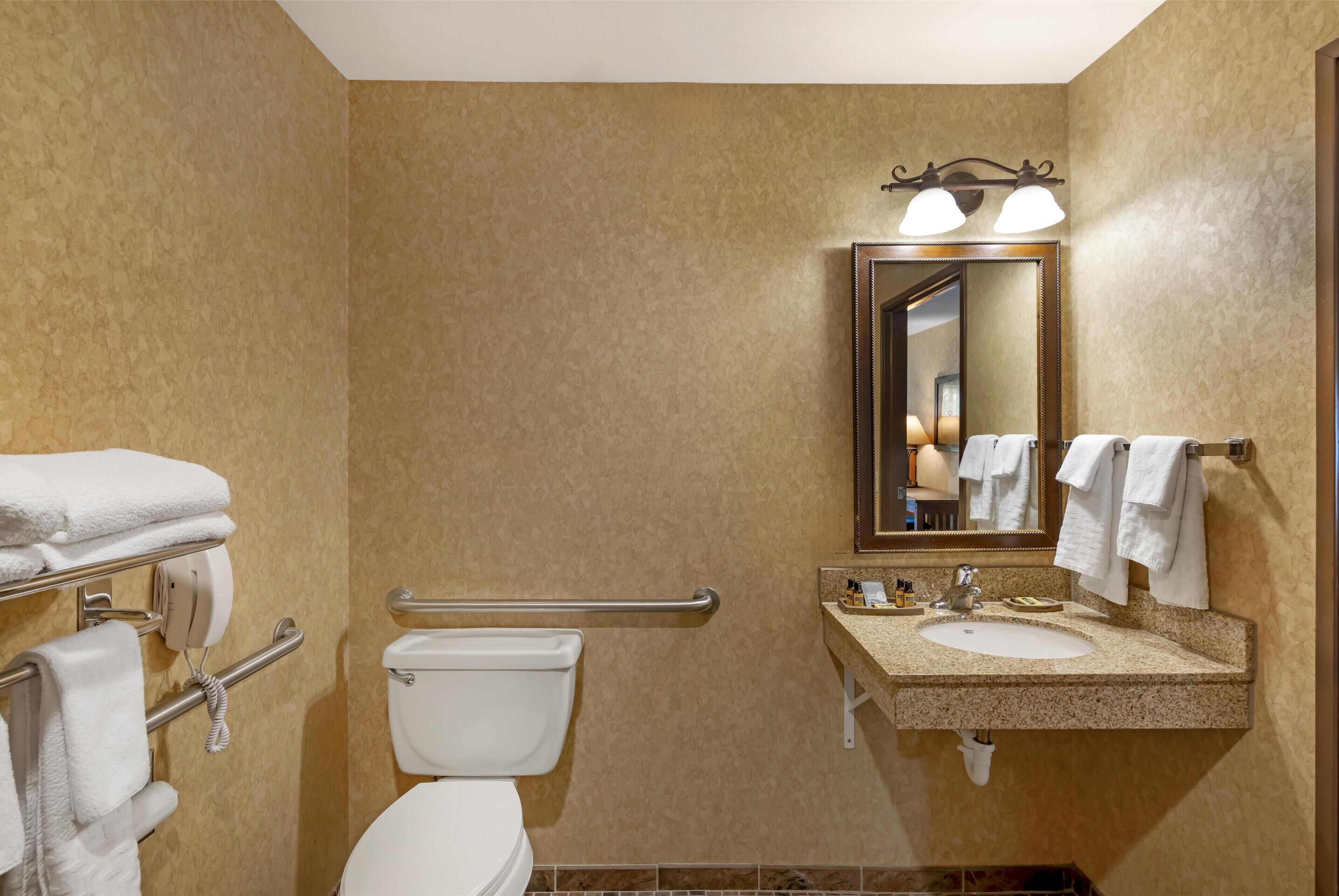 A bathroom with a toilet, sink, and mirror. There are towels on a rack and a handrail.